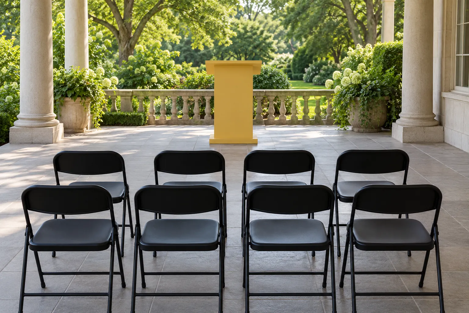 Illustration: Three rows of empty black folding chairs face a plain yellow speaking stand on a shaded tiled veranda.