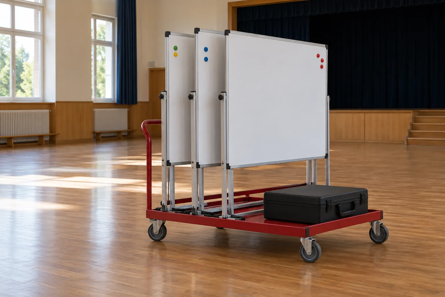 Illustration: Three plain white boards, coloured magnet dots and a closed projector case on a red wheeled trolley in an empty hall.