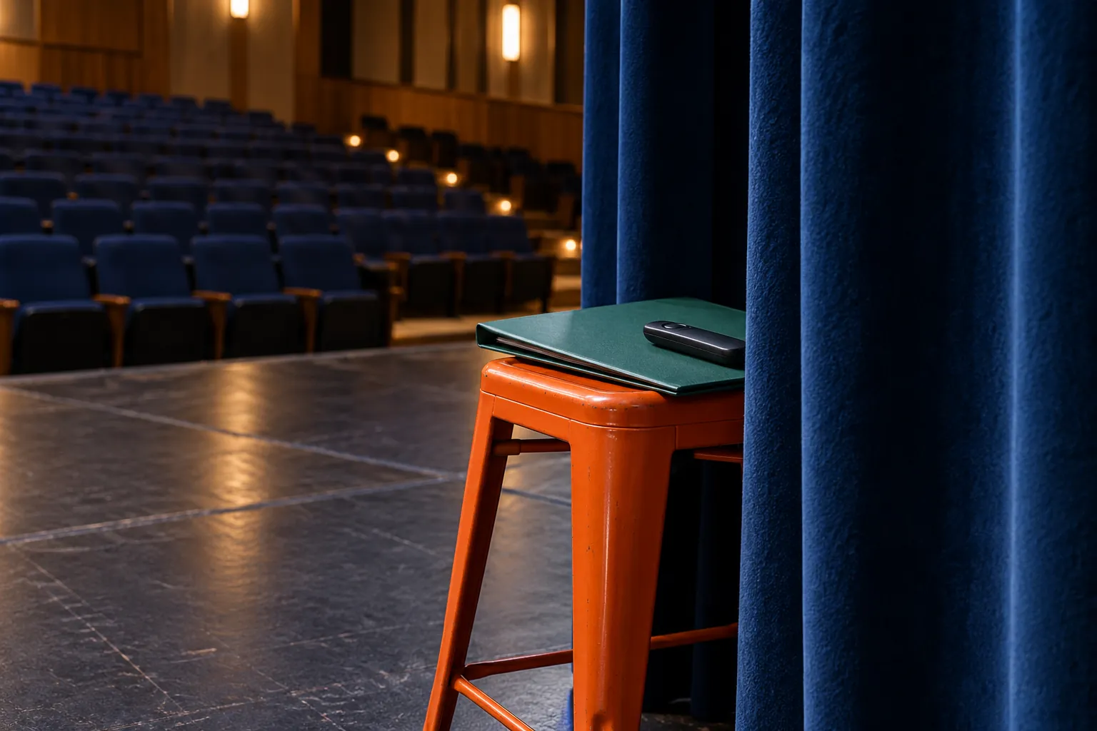 Illustration: A closed green folder and plain pointer rest on an orange metal stool just behind a blue stage curtain.