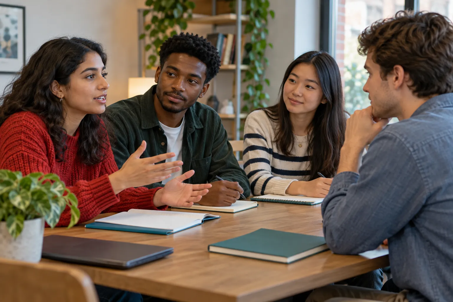 Illustration: Young adults discuss feedback after a practice speech.