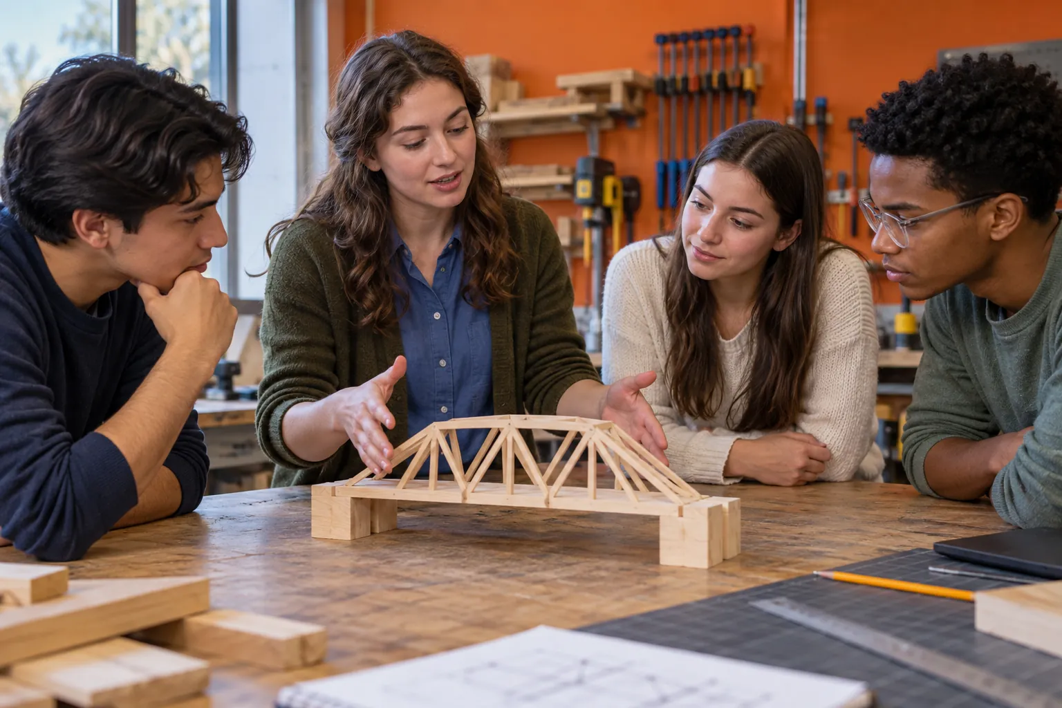 Illustration: A young adult explains a bridge model to peers around a workbench.