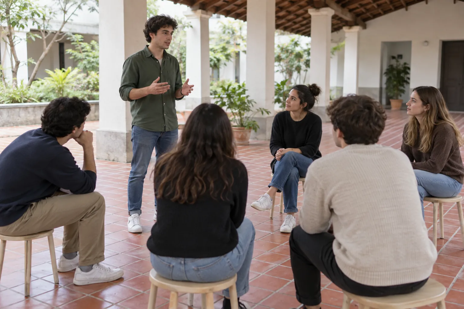 Illustration: A young adult speaker addressing a small group in a courtyard.