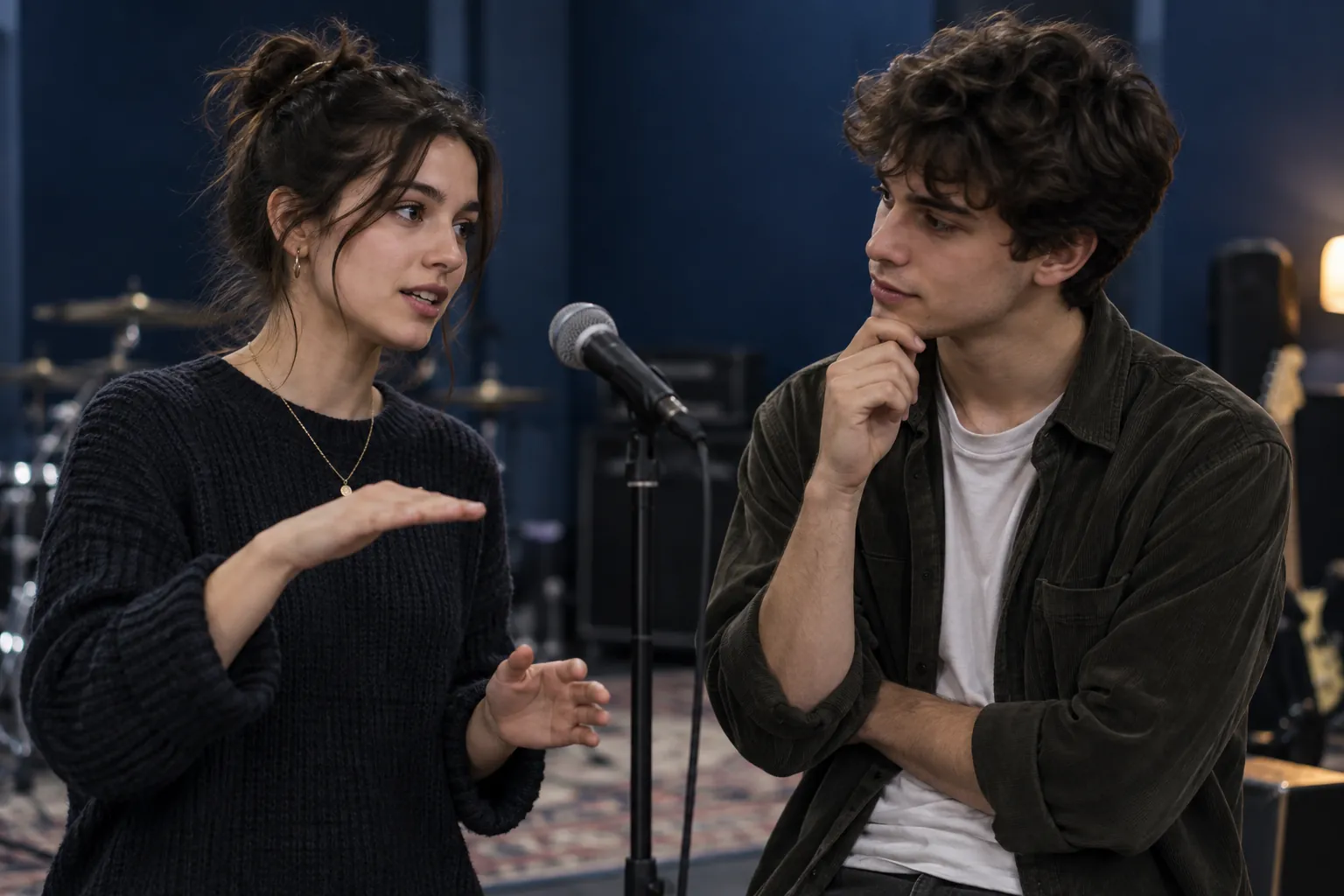 Illustration: Two young adults discussing speaking pace beside a microphone.