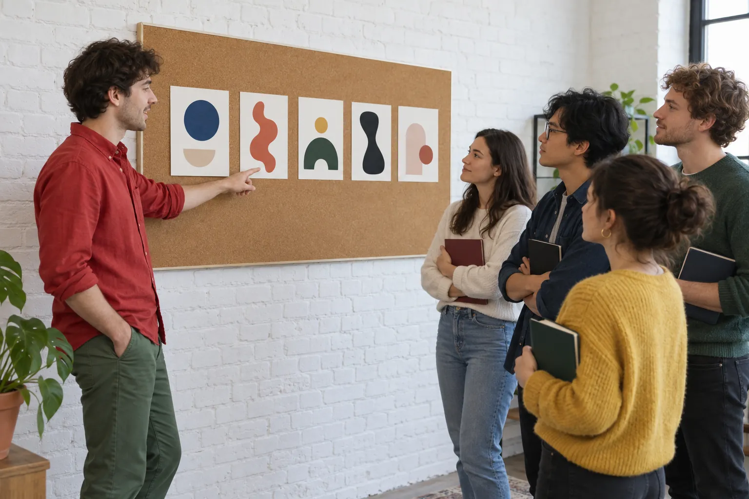 Illustration: A young adult presenting abstract shapes to a small group.