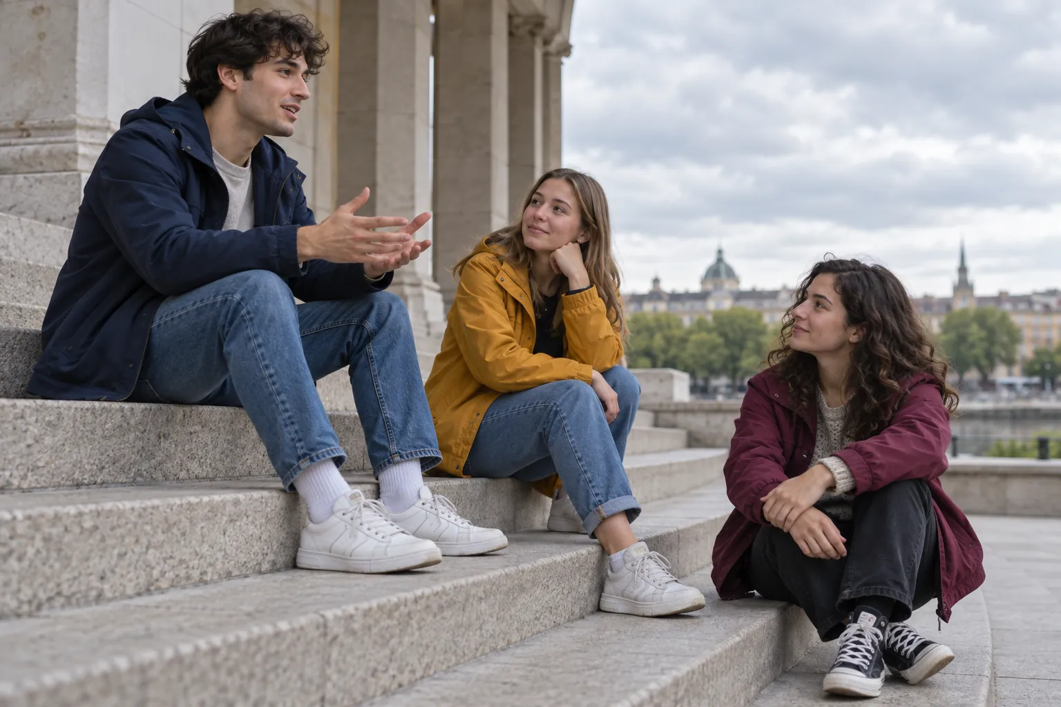 Illustration: Three young adults practicing short introductions on sheltered steps.