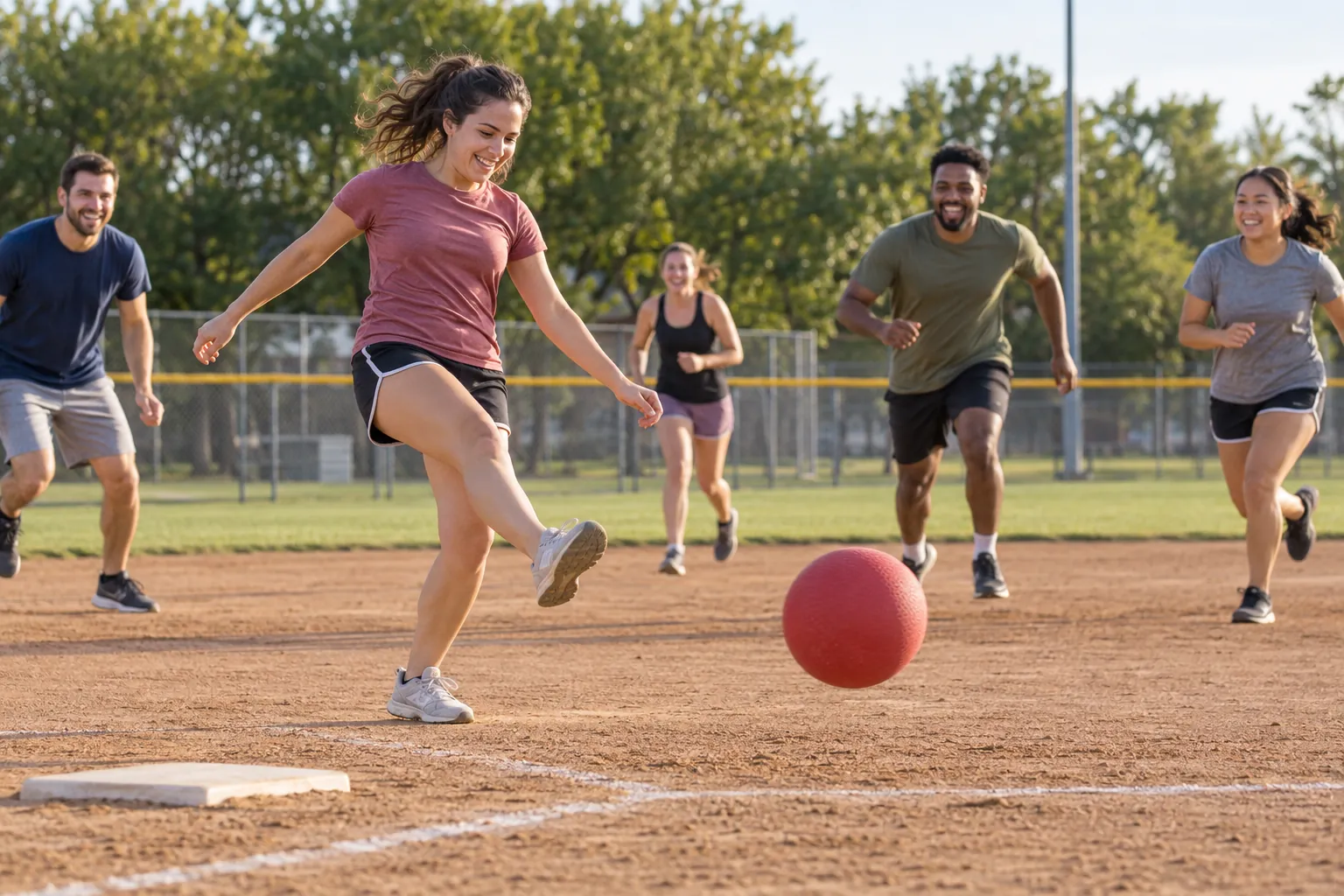 Illustration: Young adults play kickball on a community diamond as a woman kicks a red rubber ball toward the bases.