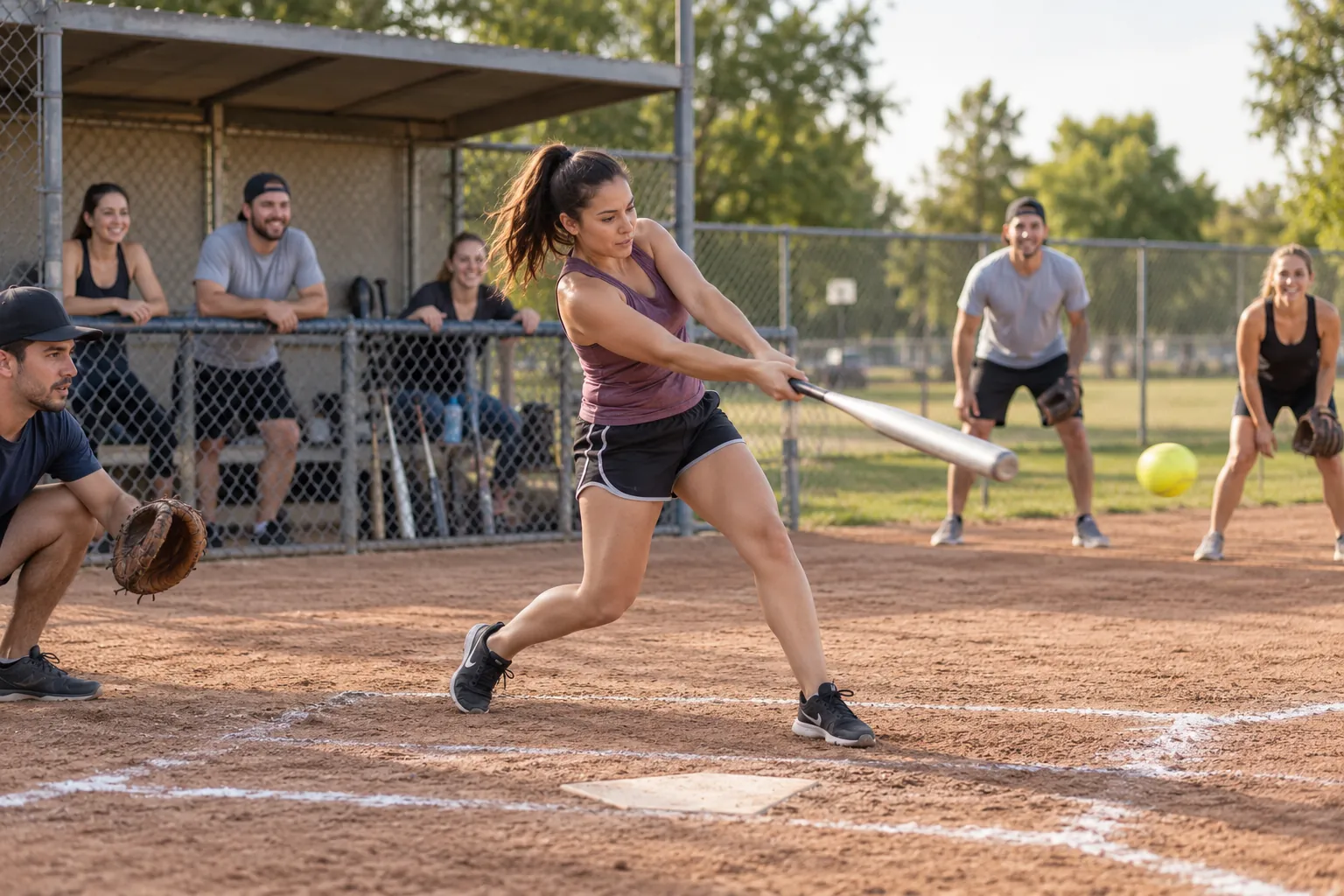 Illustration: A young adult woman swings a bat during a relaxed community softball game as teammates watch from the field and dugout.
