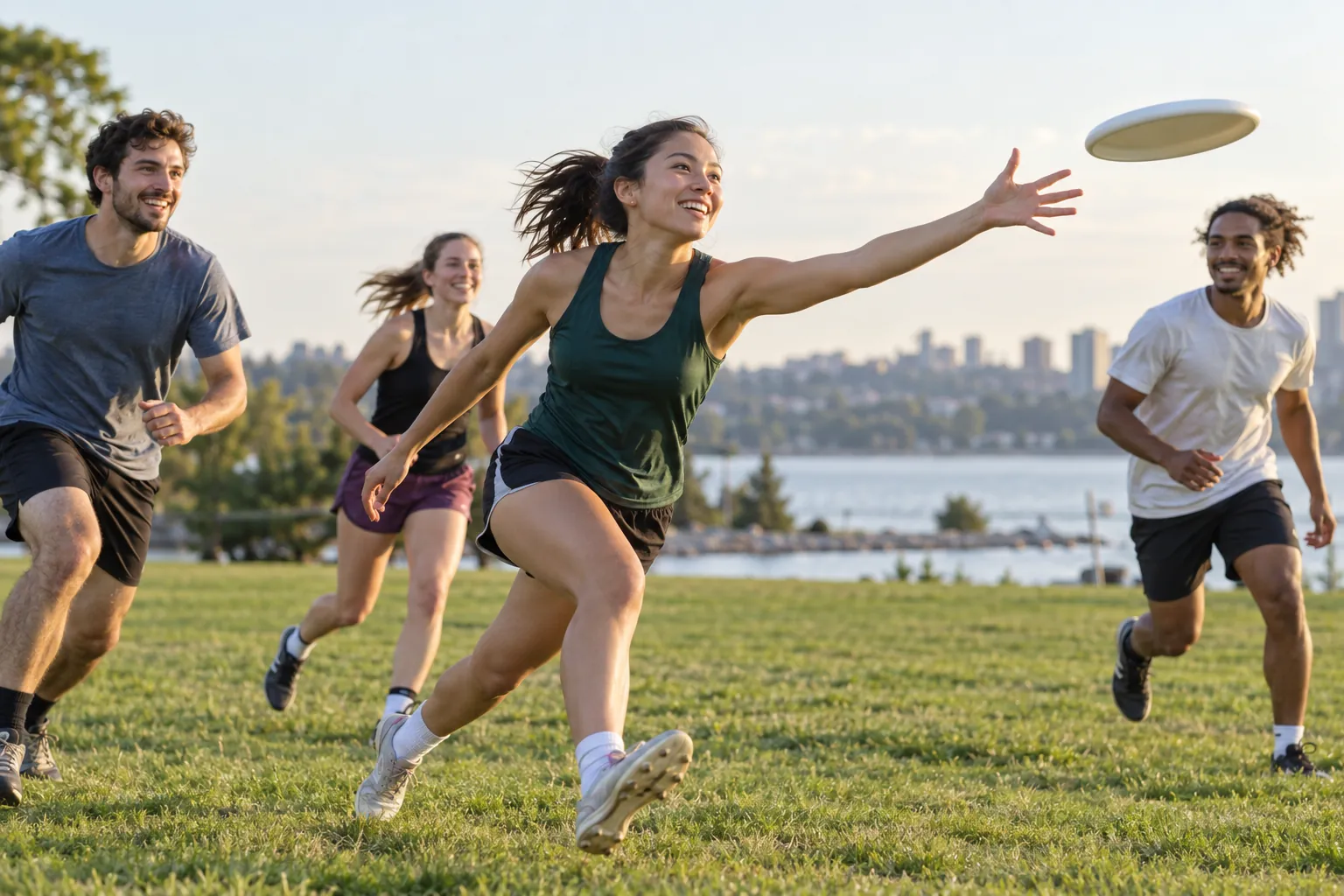 Illustration: Young adult friends play ultimate frisbee on a grassy field as a woman reaches to catch a flying disc.