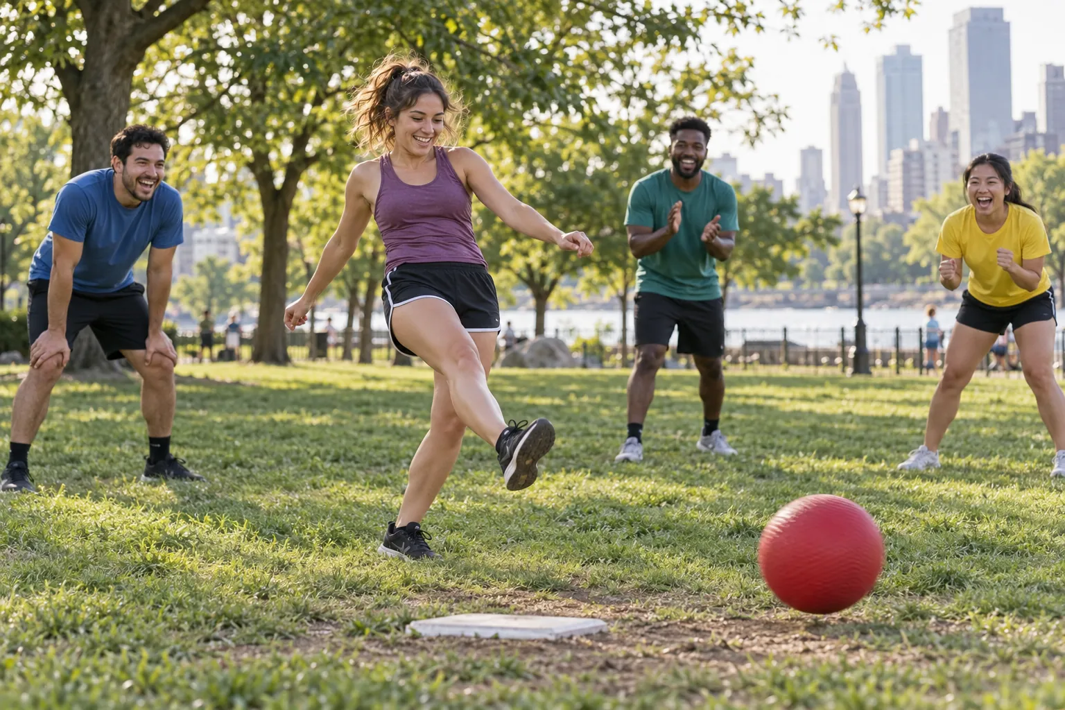 Illustration: Young adults take part in kickball play in an after-work social league.