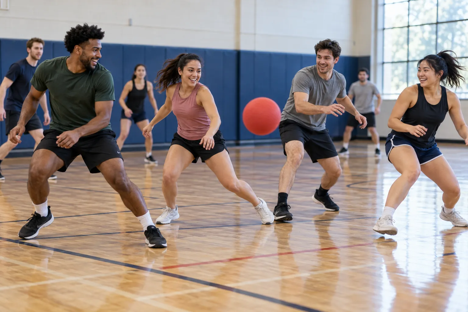 Illustration: Young adults take part in dodgeball game in a recreation gym.