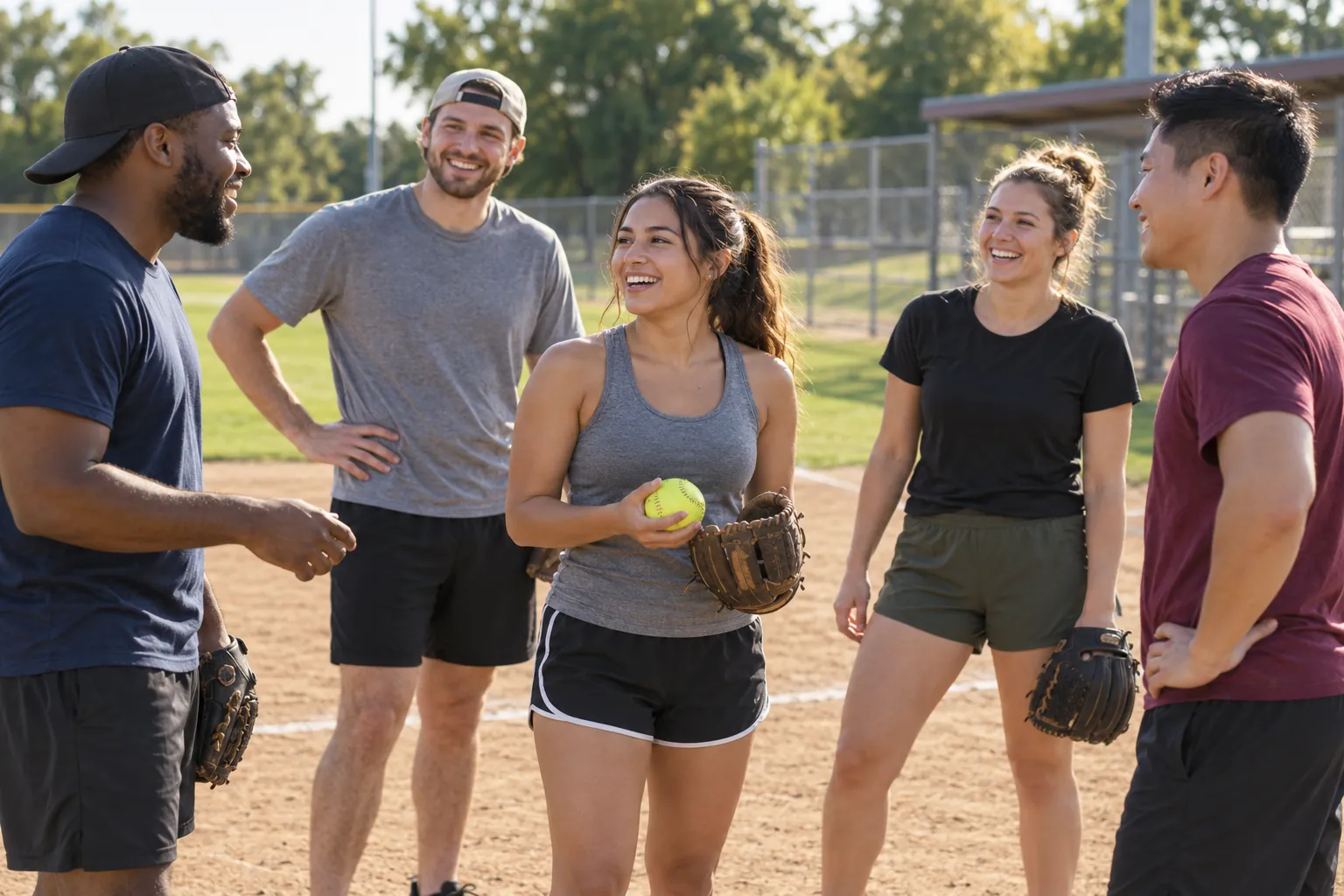 Illustration: Young adults take part in adult softball team playing a relaxed league game.