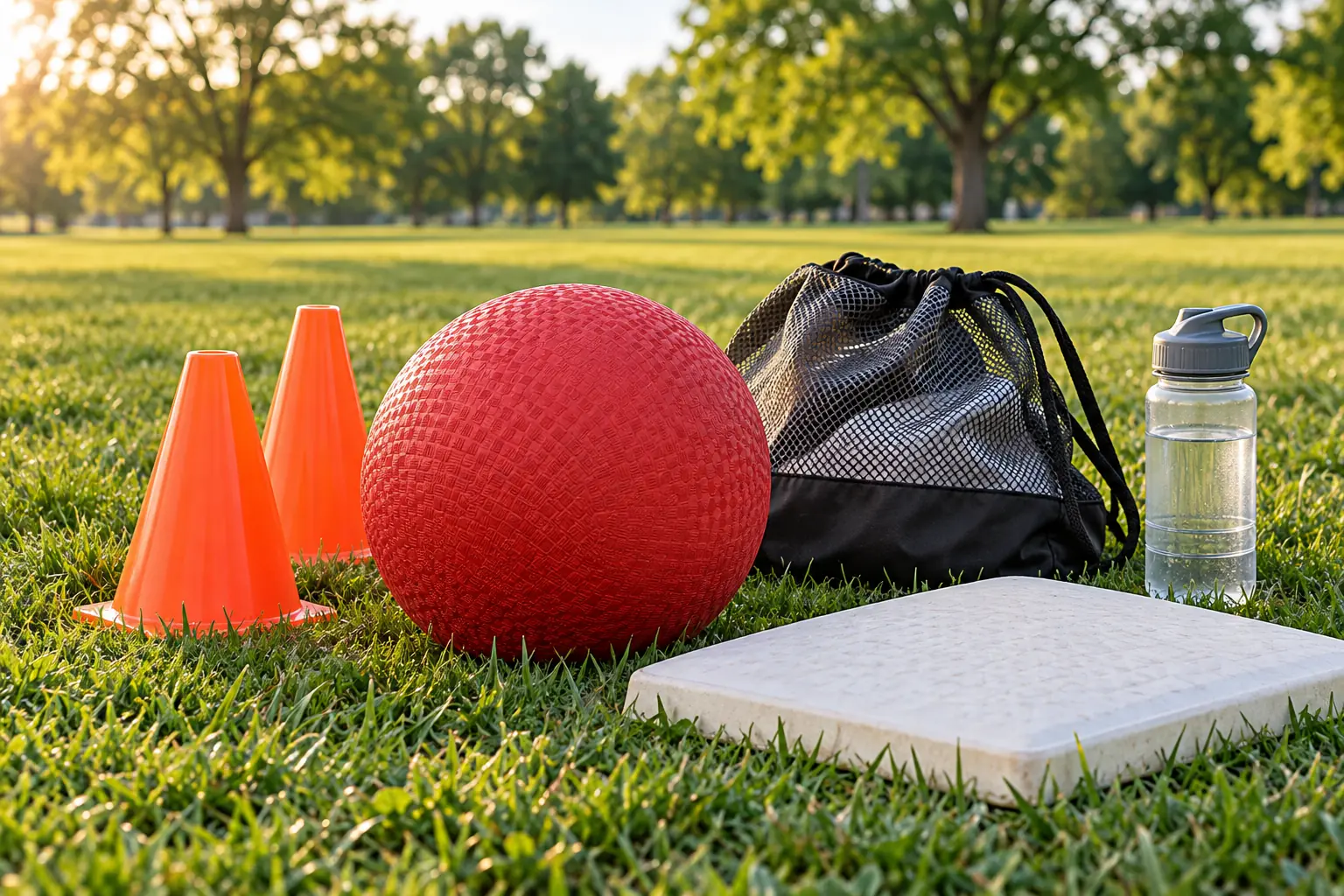 Illustration: Equipment for kickball play in an after-work social league, arranged in an activity setting without people.
