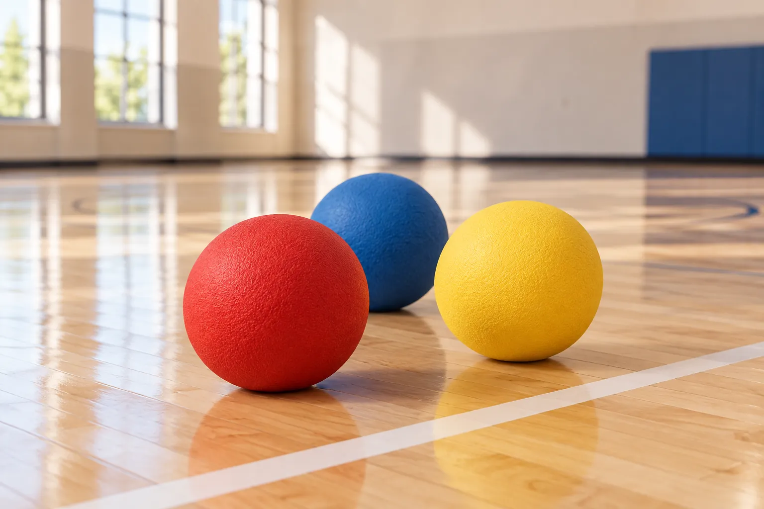 Illustration: Equipment for dodgeball game in a recreation gym, arranged in an activity setting without people.