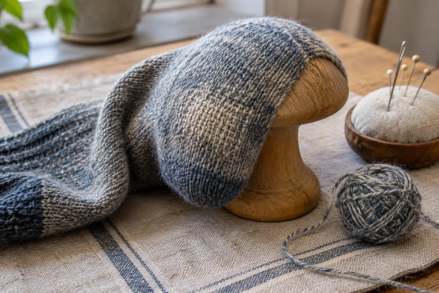 Illustration: A darned wool sock on a wooden mushroom beside thread and a pincushion.
