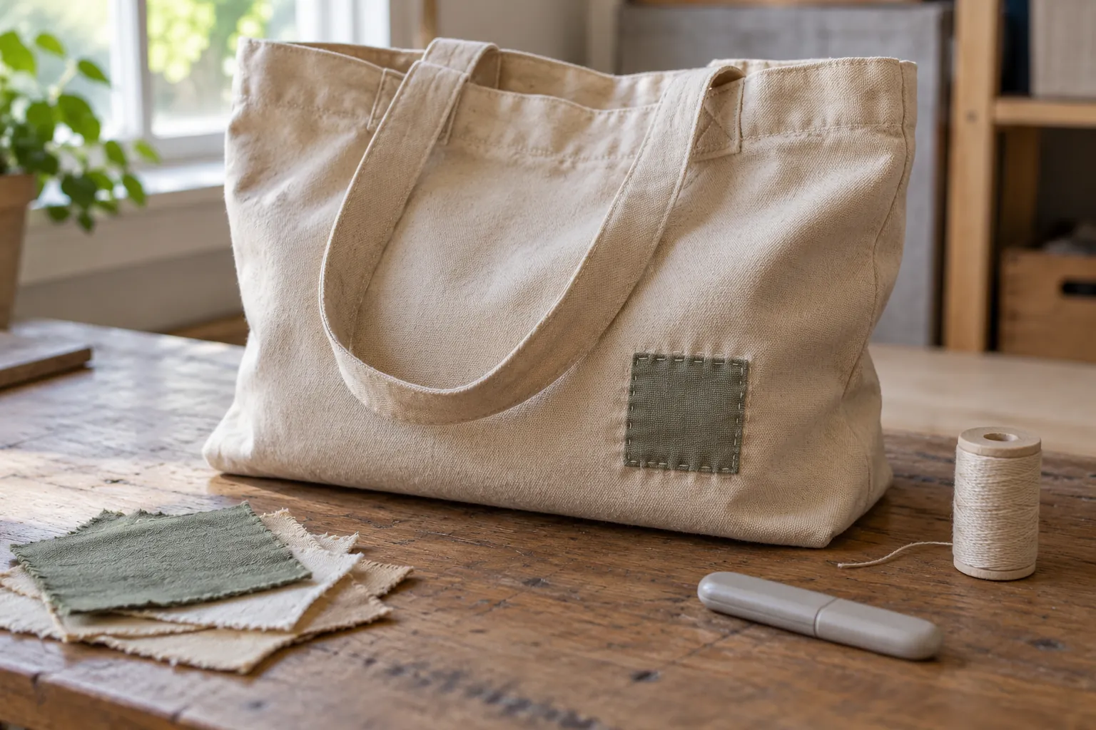 Illustration: A patched canvas tote beside spare fabric, thread and a covered seam ripper.