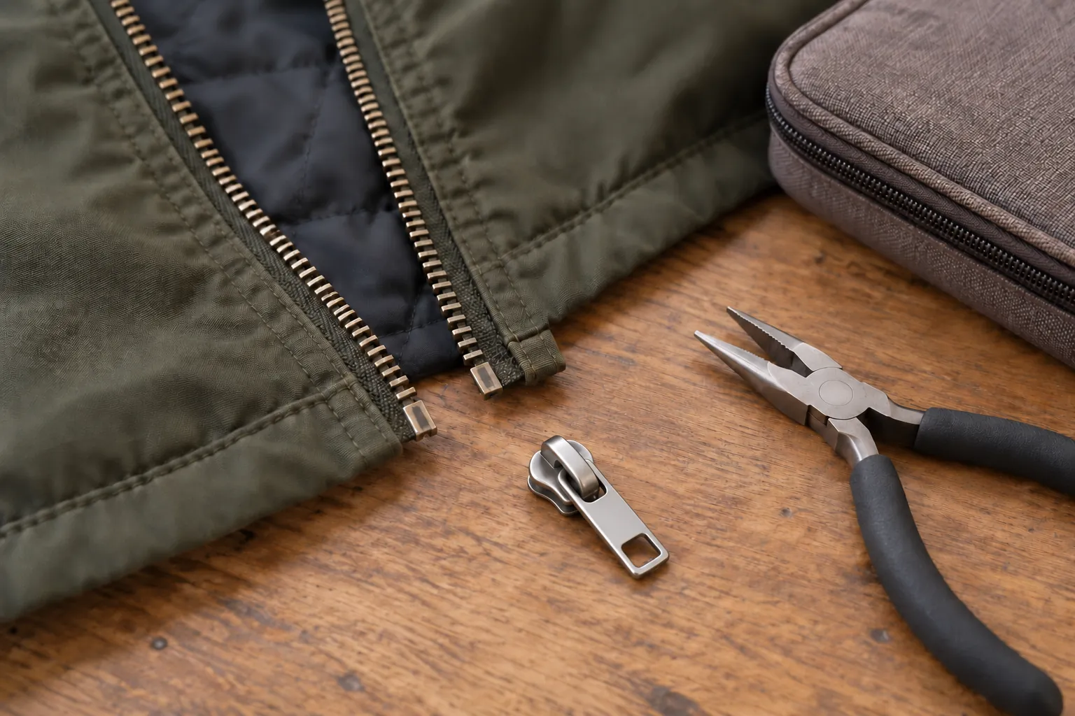 Illustration: A jacket zipper, replacement slider, small pliers and sewing pouch on a work mat.