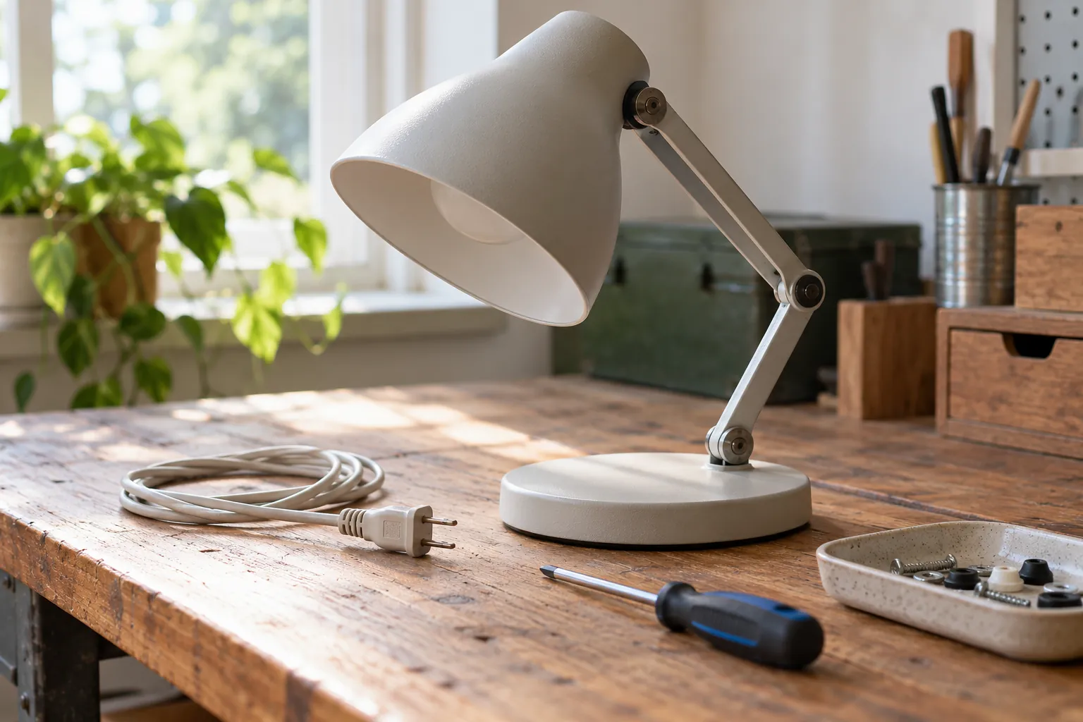 Illustration: An unplugged desk lamp, screwdriver and parts tray on a repair bench.