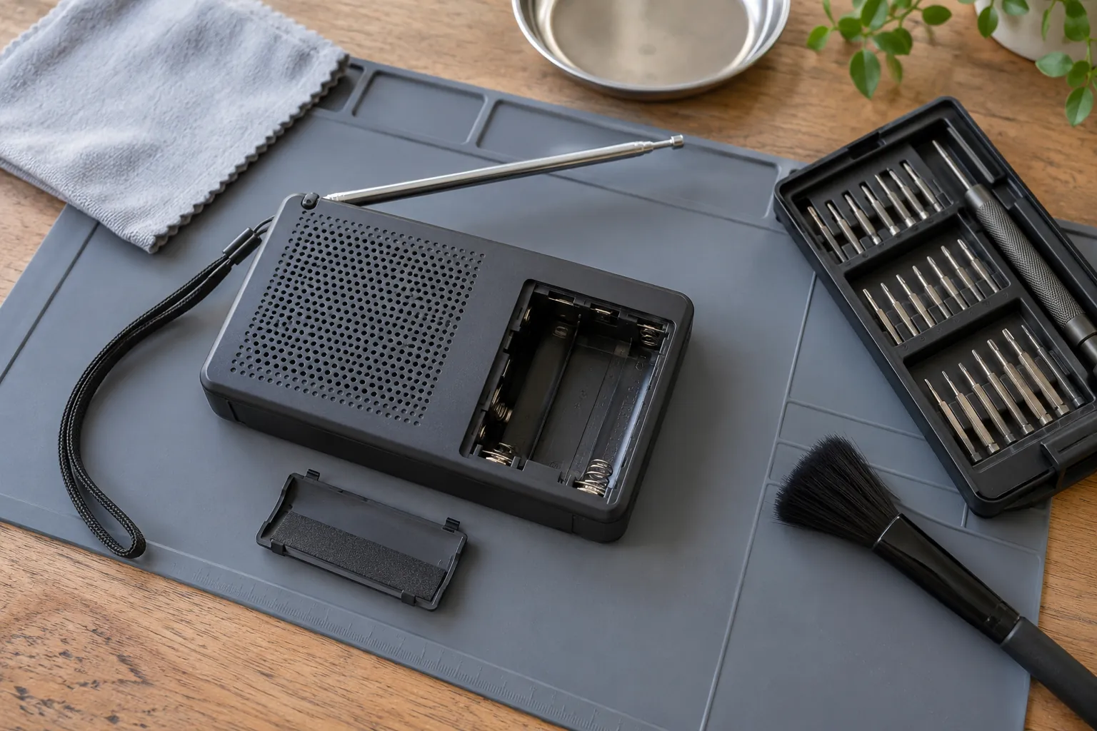 Illustration: A portable radio with an empty battery compartment beside small tools and a cleaning brush.