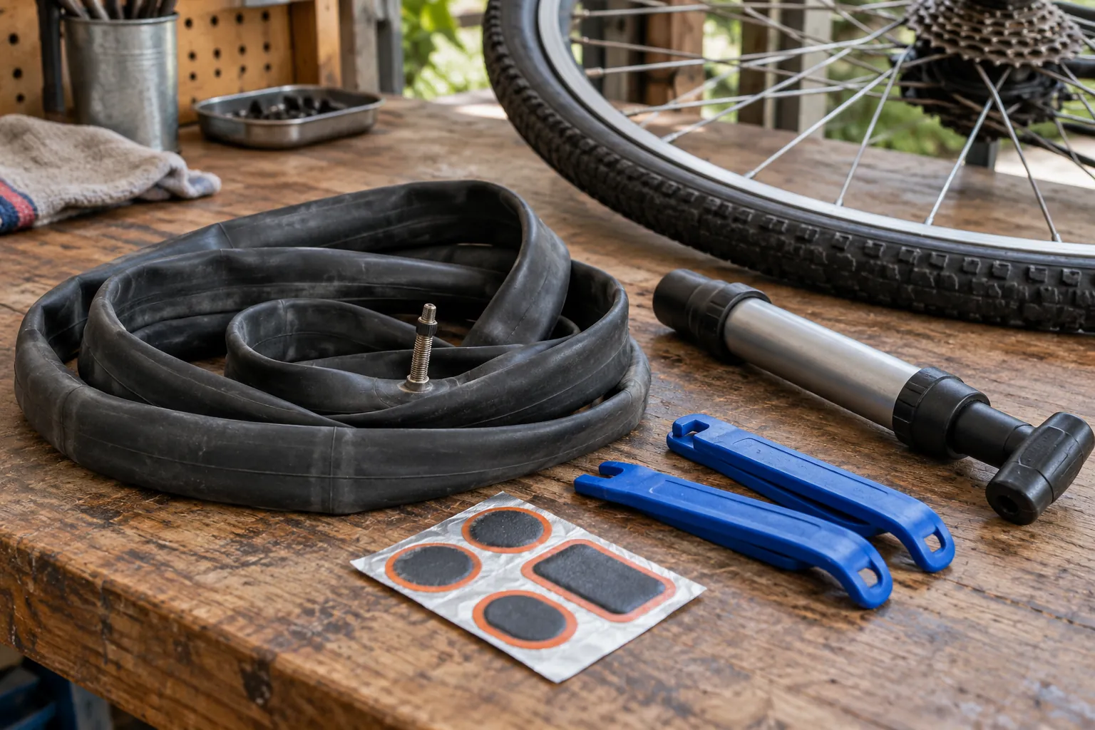 Illustration: A coiled inner tube, tire levers, patches and hand pump beside a bicycle wheel.