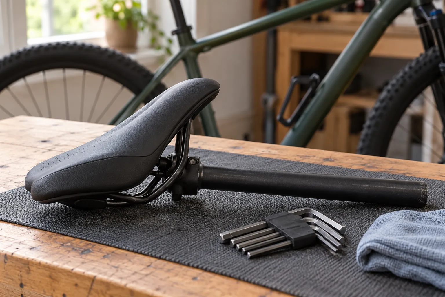 Illustration: A bicycle saddle and seatpost beside hex keys and a cloth on a work mat.