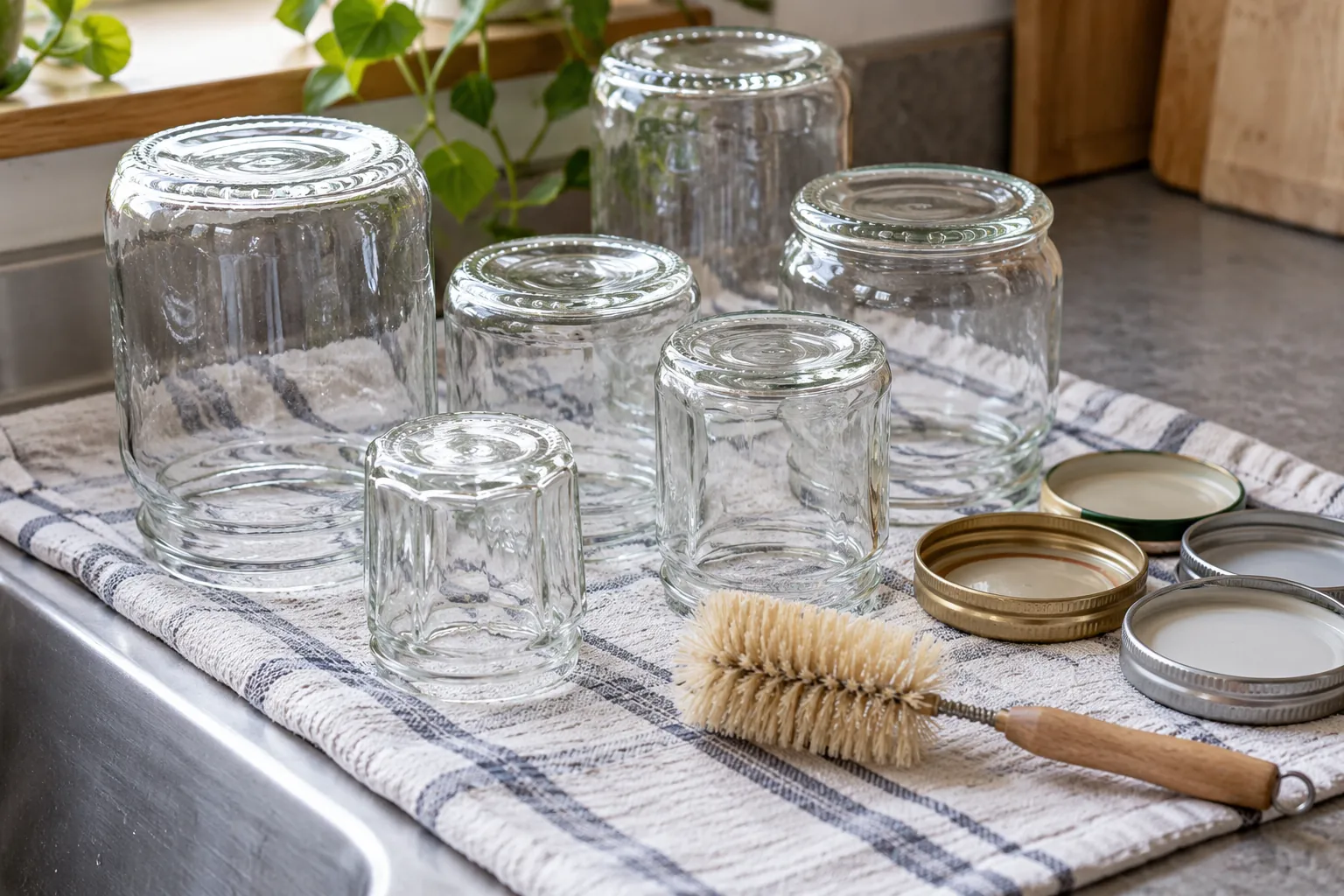 Illustration: Clean glass jars, lids and a bottle brush drying on a cloth.