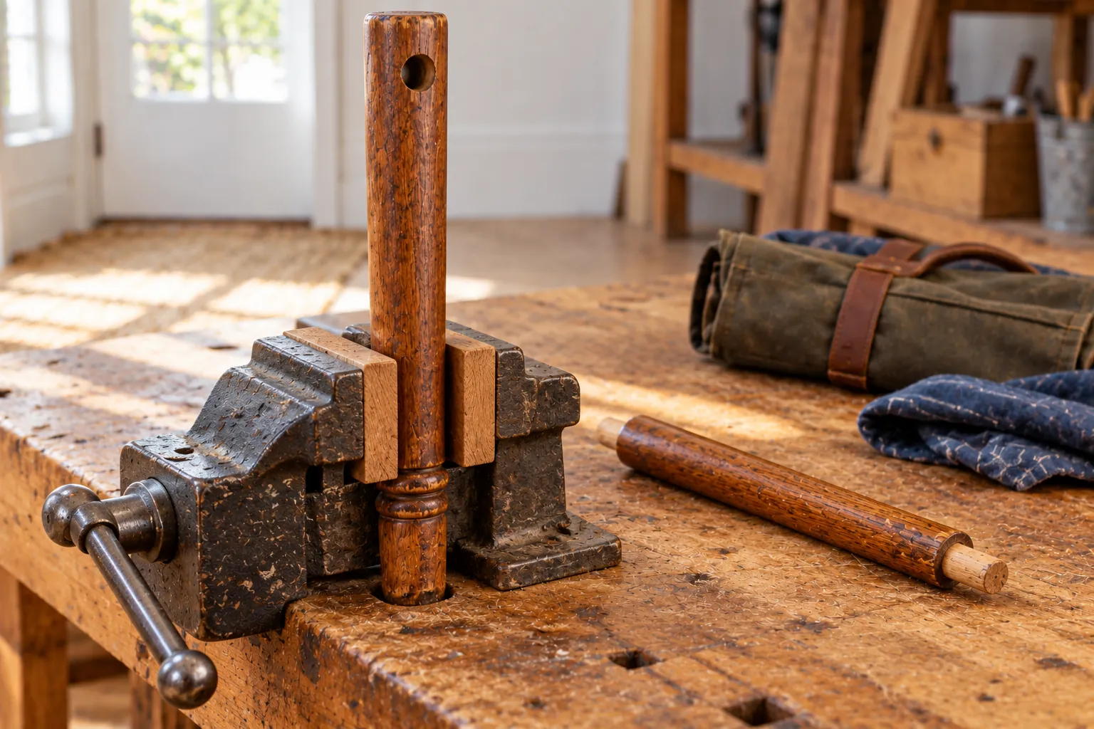 Illustration: A detached wooden chair leg held in a wood-lined bench vise beside a matching loose rung and repair tools.