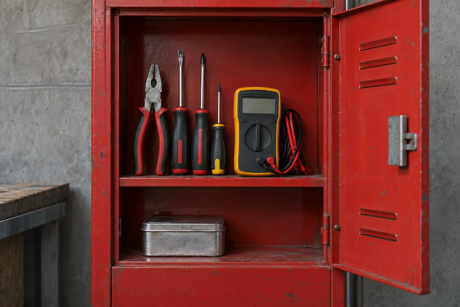 Illustration: An open red metal locker holds pliers, screwdrivers, a plain multimeter with blank display and a small mending tin, viewed frontally in a gray workshop.