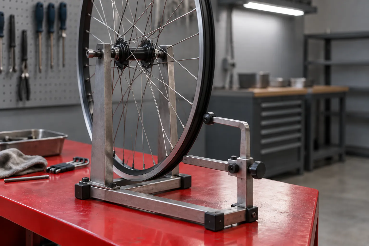 Illustration: A bicycle wheel mounted in a truing stand on a red workbench.