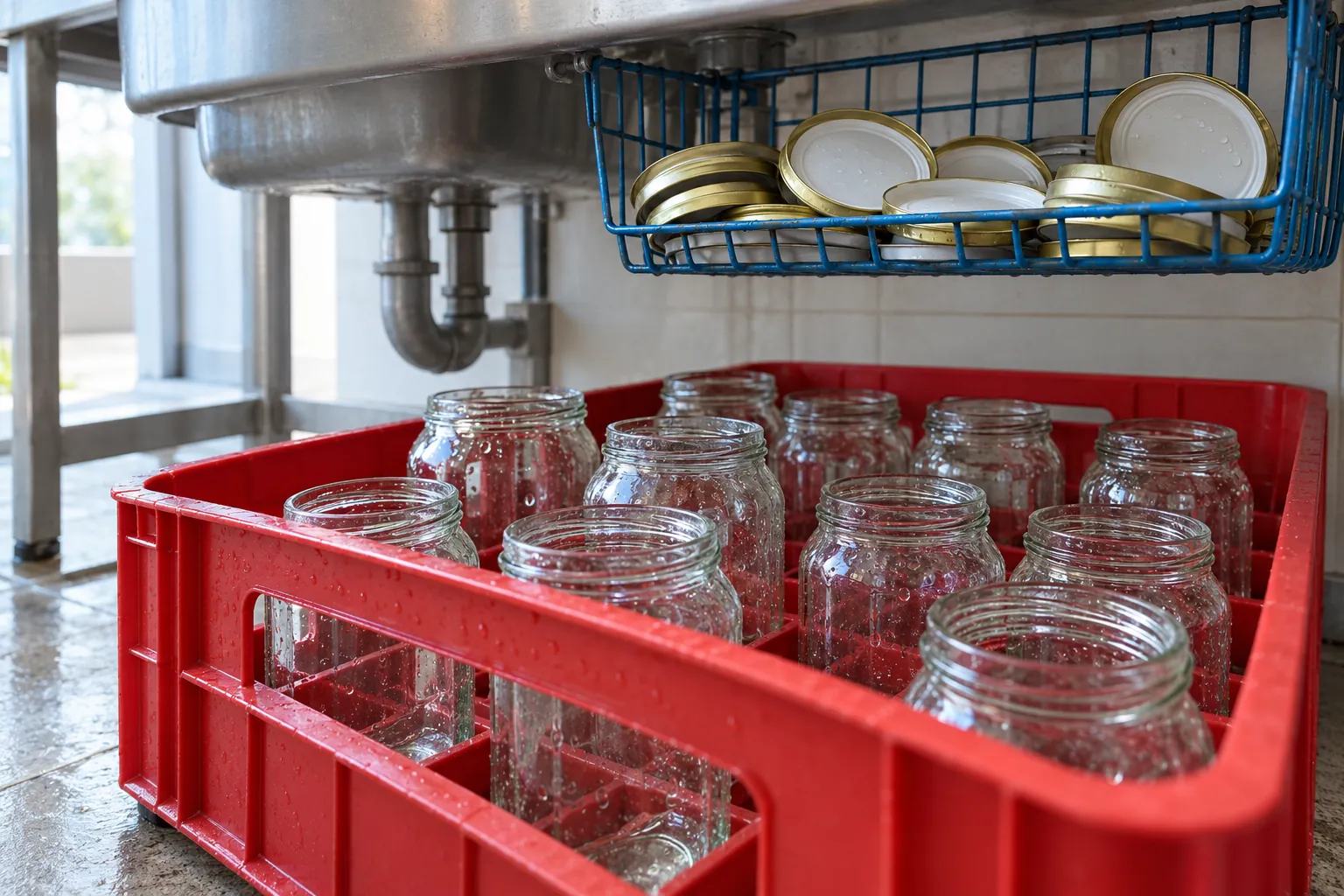 Illustration: Clean glass jars and lids drying for reuse beneath a utility sink.