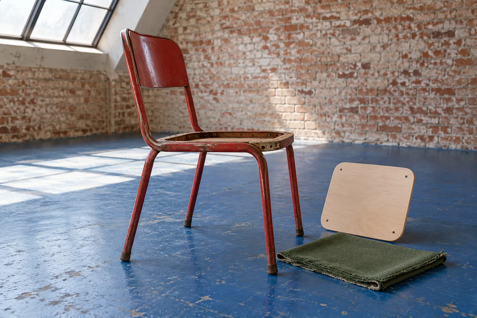 Illustration: A red metal chair and replacement upholstery materials on a blue workshop floor.