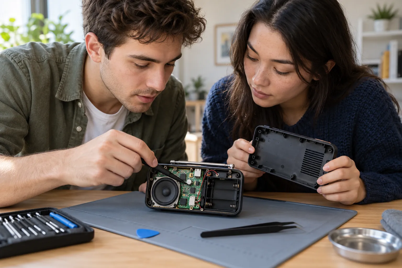 Illustration: Young adults inspect an opened portable radio during a repair session.