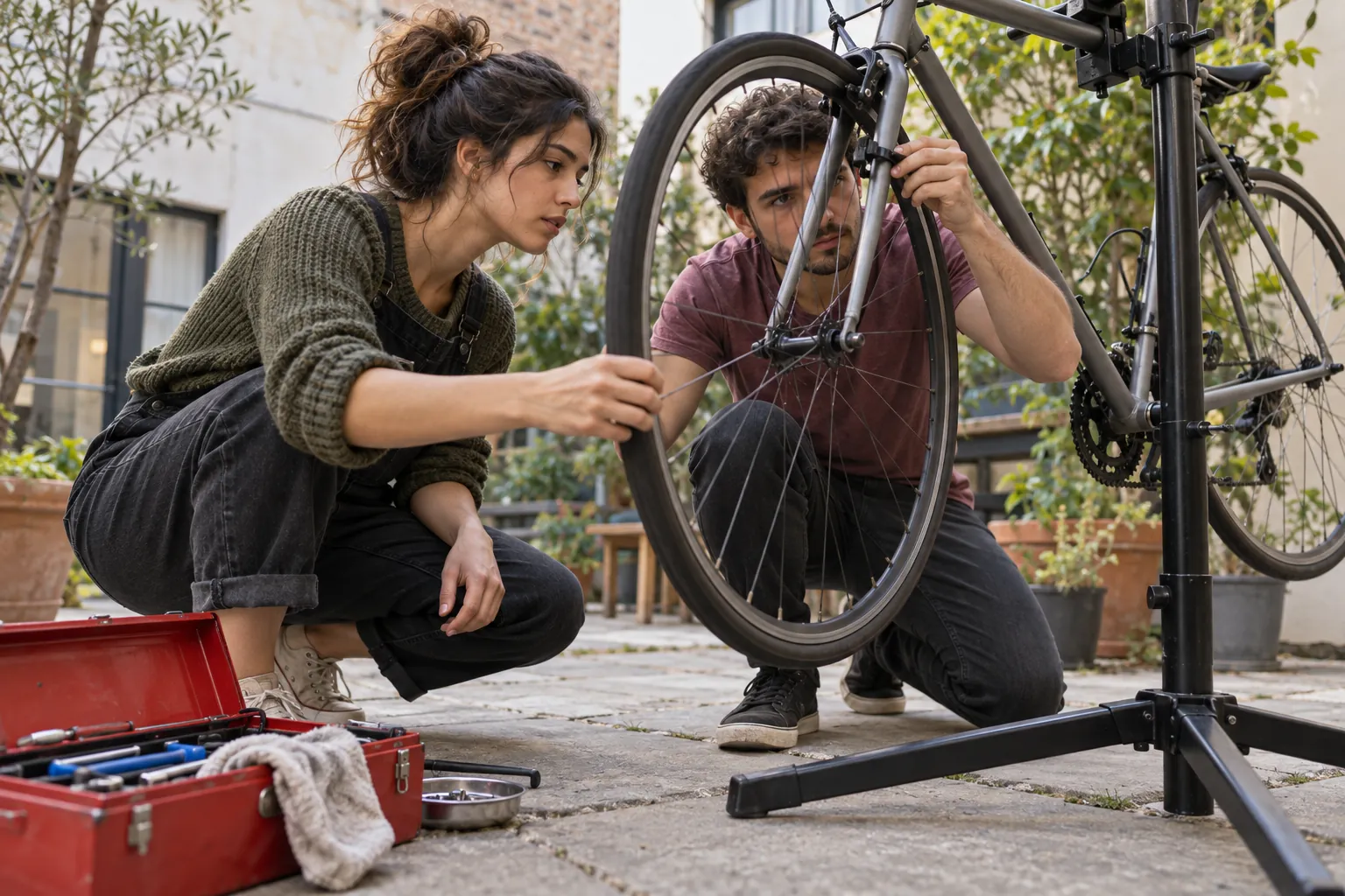 Illustration: Two young adults inspect a bicycle wheel in a repair stand.