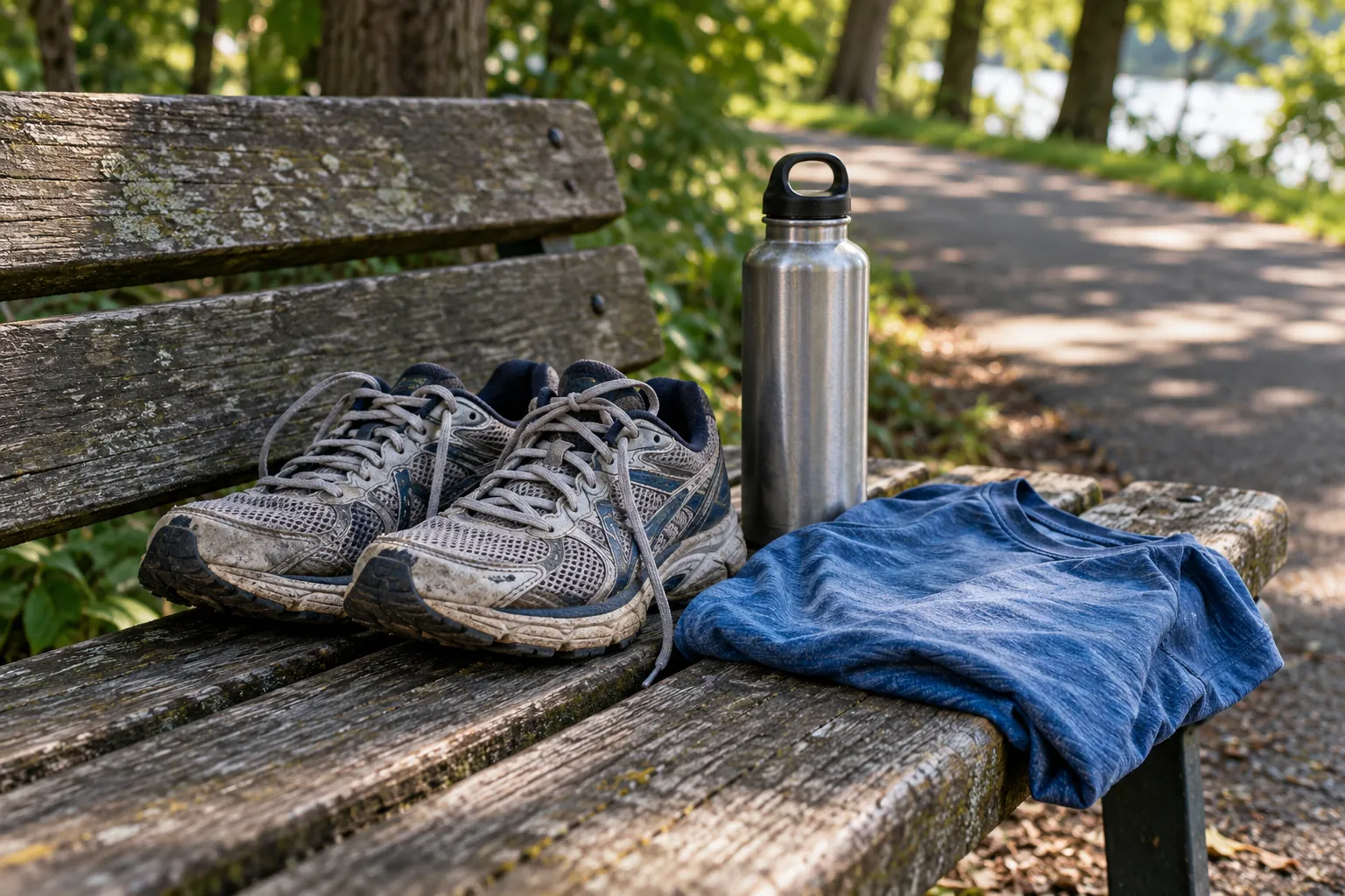 Illustration: Running shoes, a bottle and a folded shirt on a park bench.