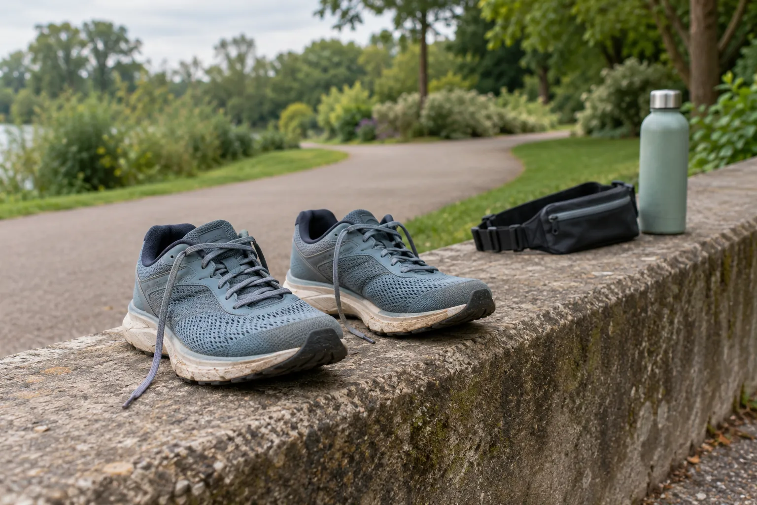 Illustration: Running shoes, a belt and a water bottle beside a park path.