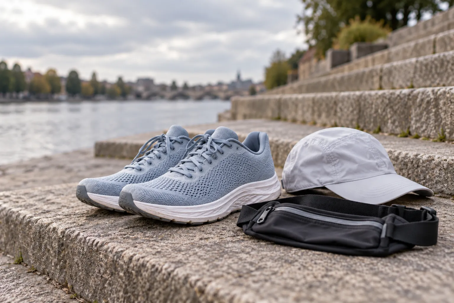 Illustration: Road-running shoes, a cap and a belt on riverside steps.