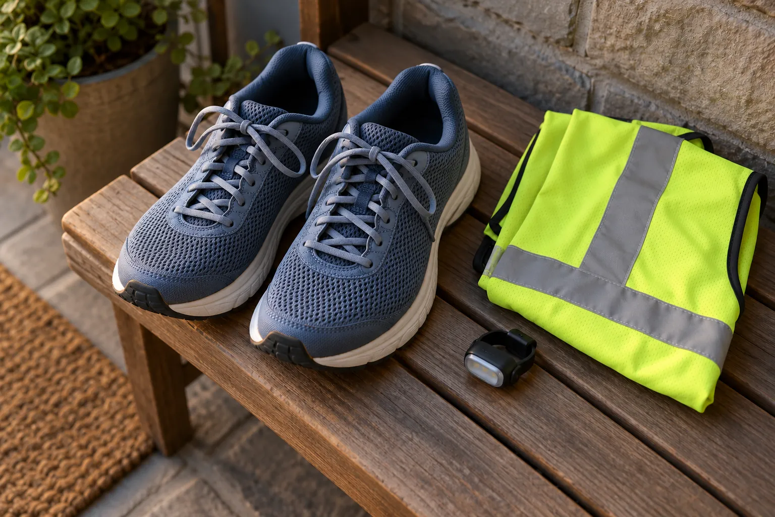 Illustration: Running shoes, a reflective vest and an unlit safety light.