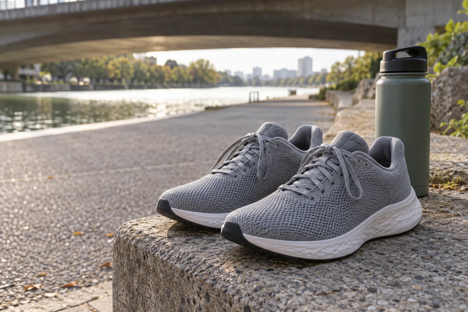 Illustration: Road shoes and a handheld bottle beside a paved path.