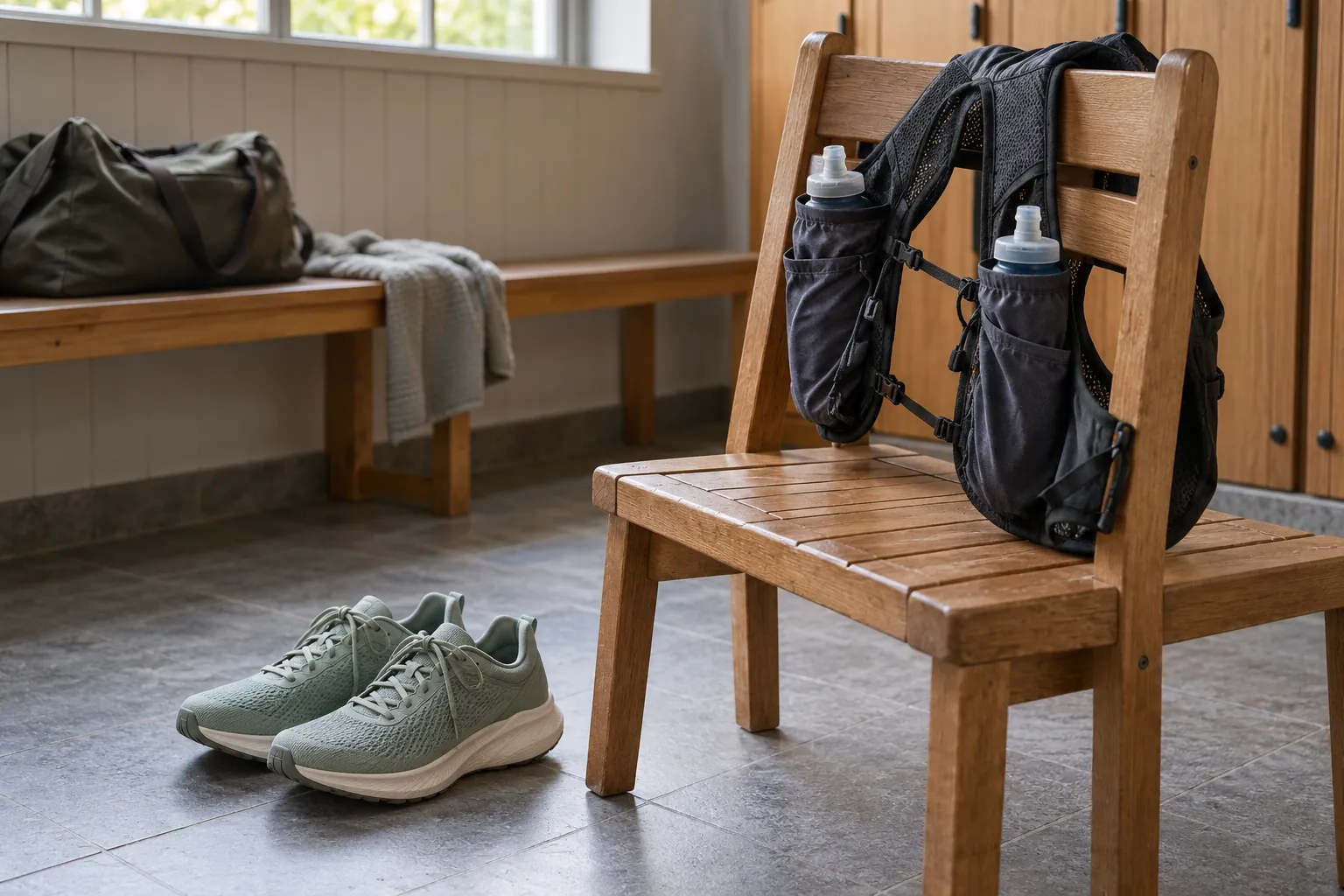 Illustration: A hydration vest and running shoes at an empty chair.