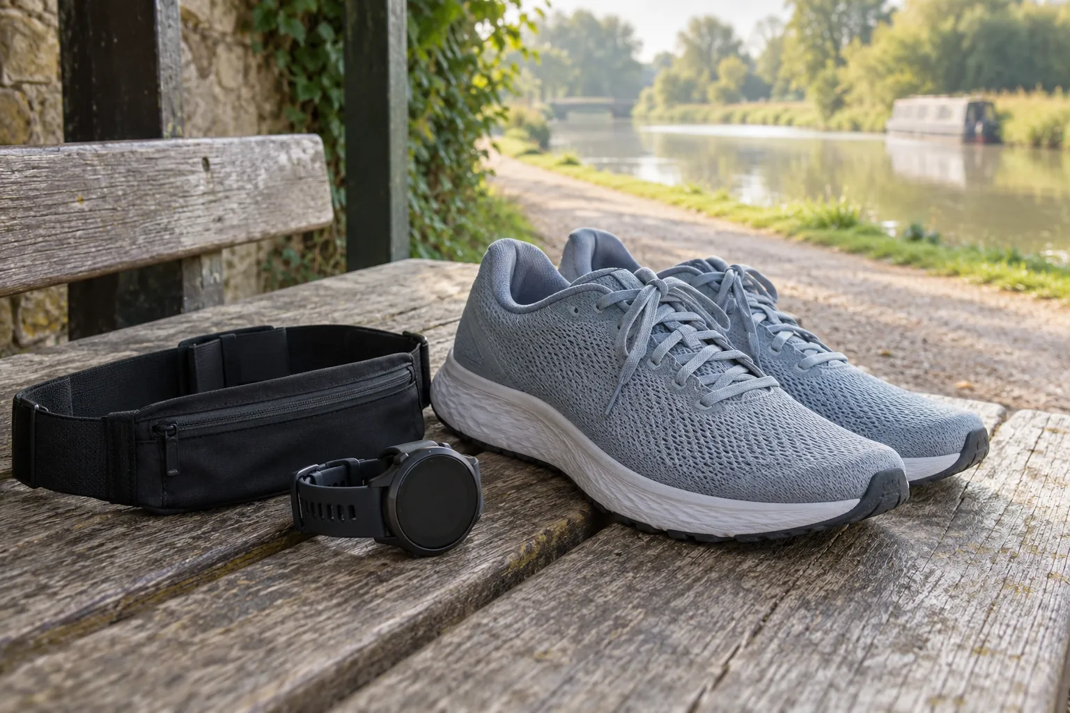 Illustration: A running belt, dark watch and shoes on a canal-side bench.