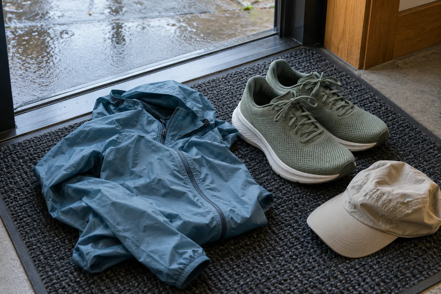 Illustration: A running shell, shoes and cap on an entry mat.