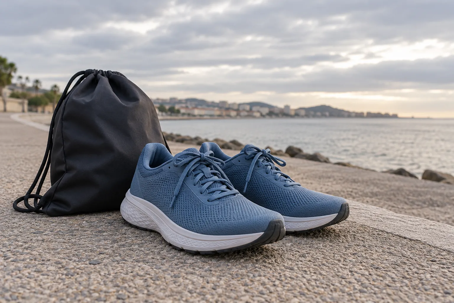 Illustration: Running shoes and a shoe pouch beside a wide promenade.