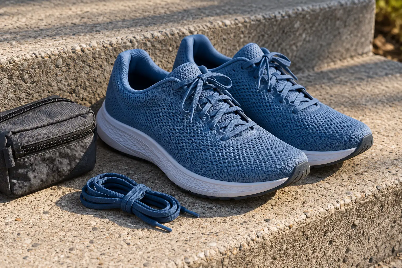 Illustration: Road-running shoes with a spare lace and small gear pouch.