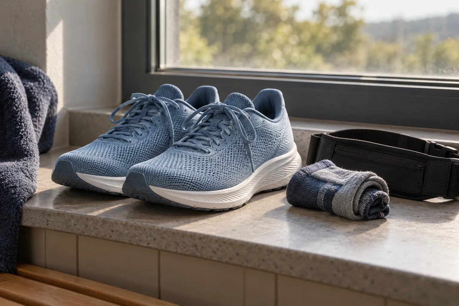 Illustration: Lightweight running shoes, socks and a compact belt.