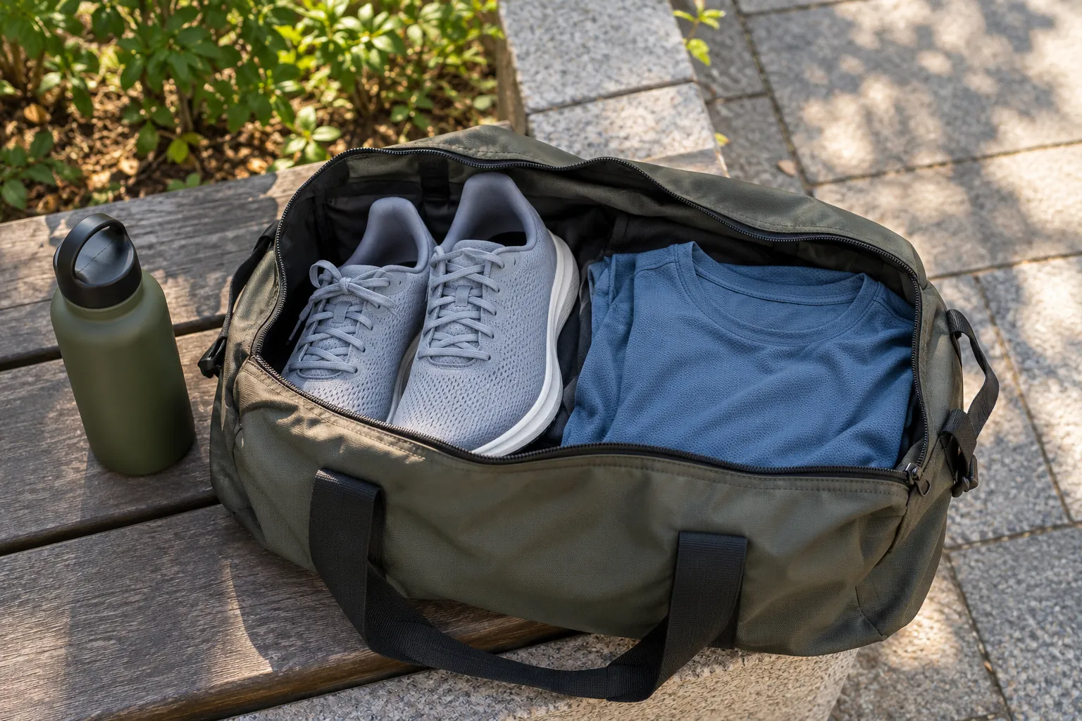 Illustration: Running shoes and a folded shirt inside an open duffel.