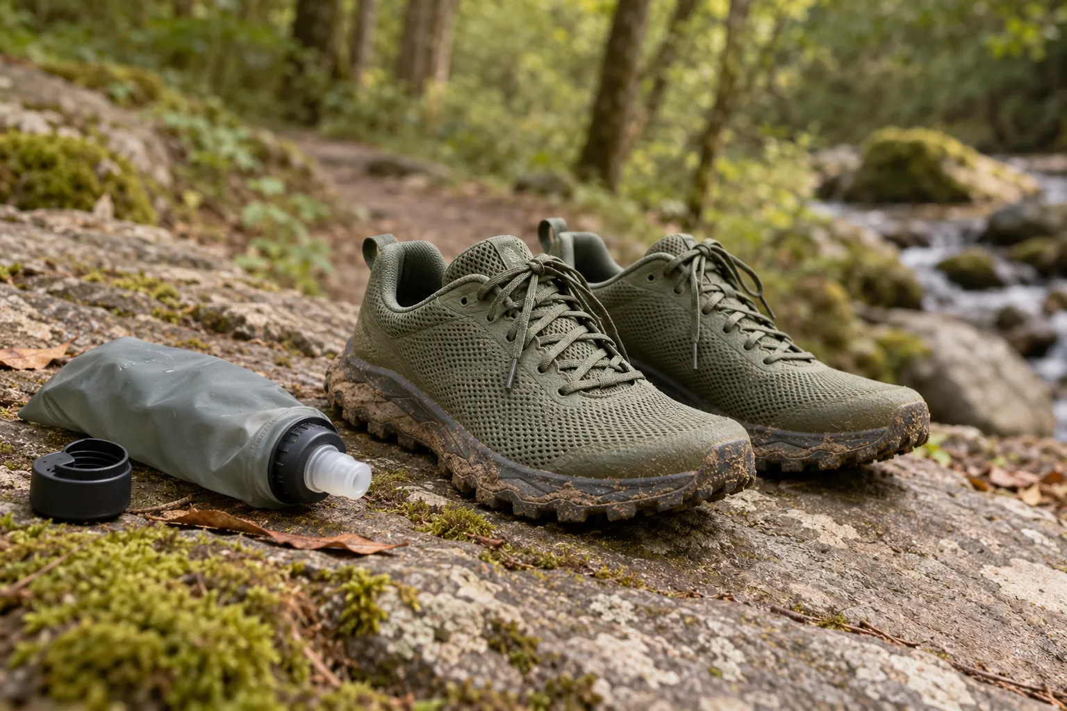 Illustration: Lugged trail shoes and a soft flask on a flat woodland rock.