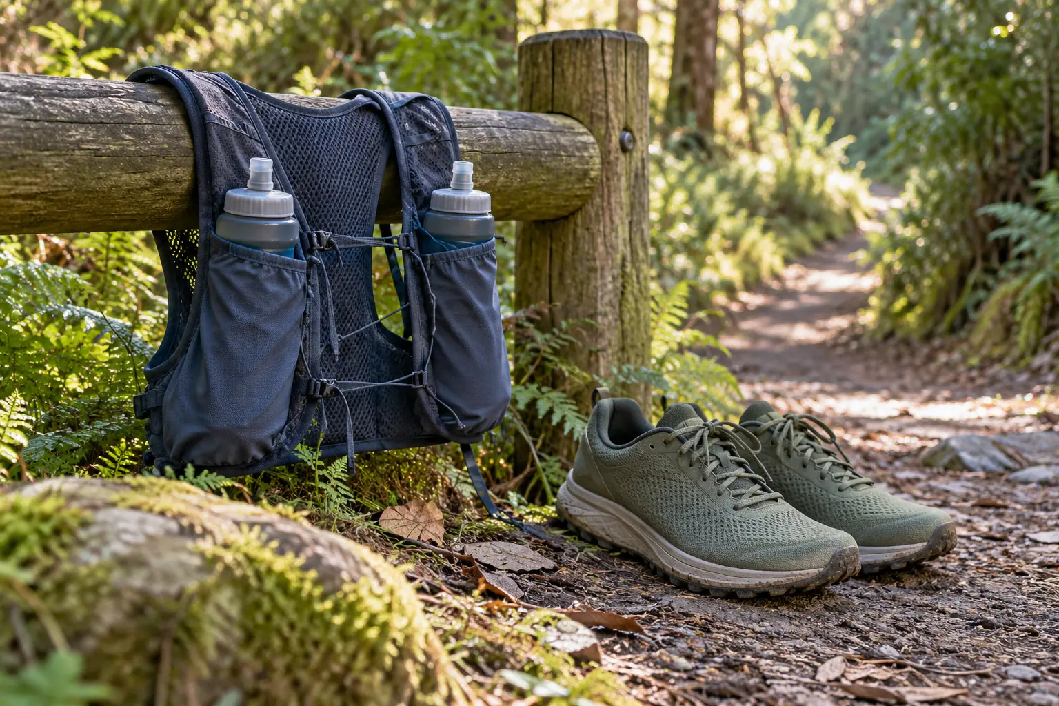 Illustration: A hydration vest and trail-running shoes on a timber rail.