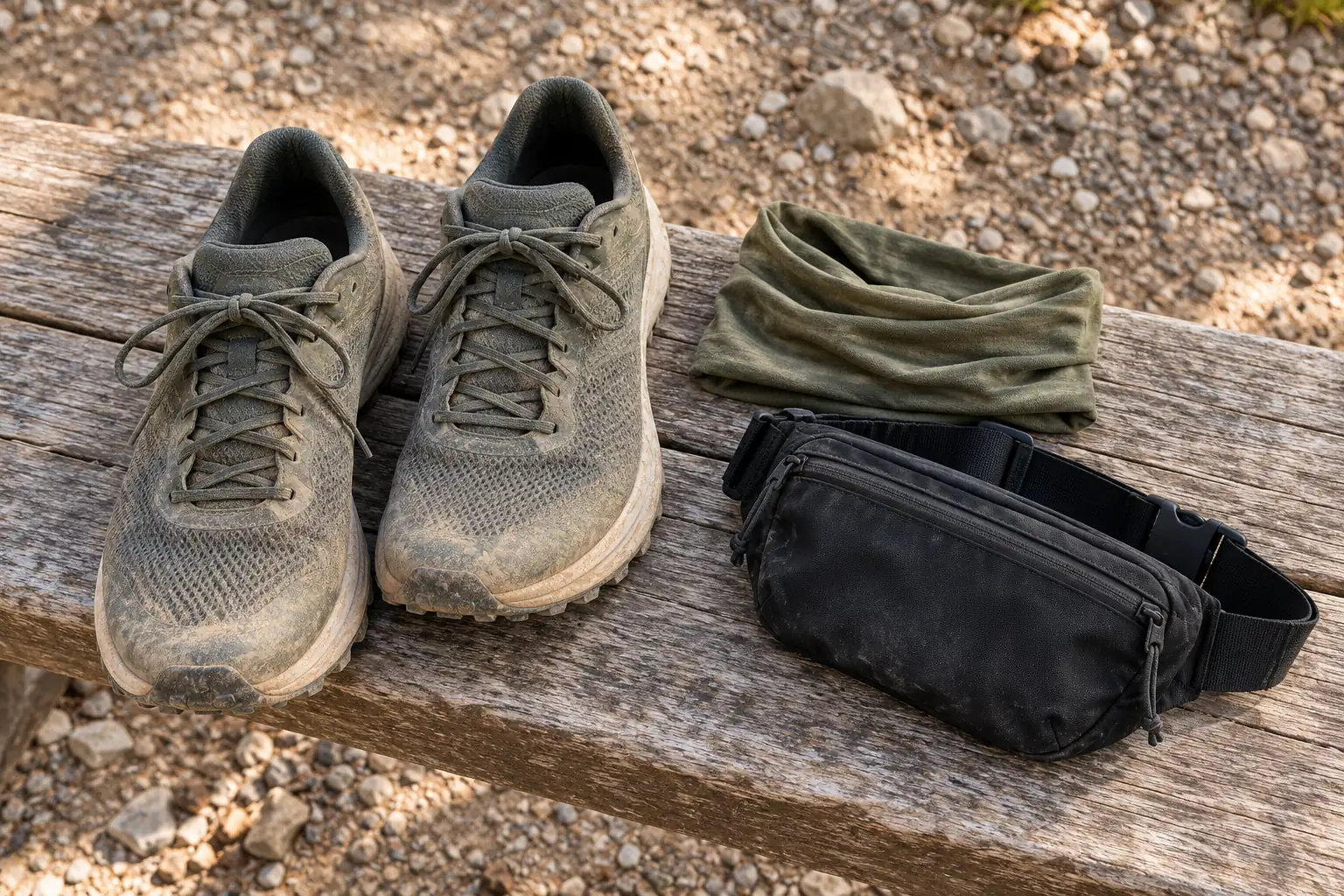 Illustration: Dusty trail shoes, a neck gaiter and waist pouch on a bench.