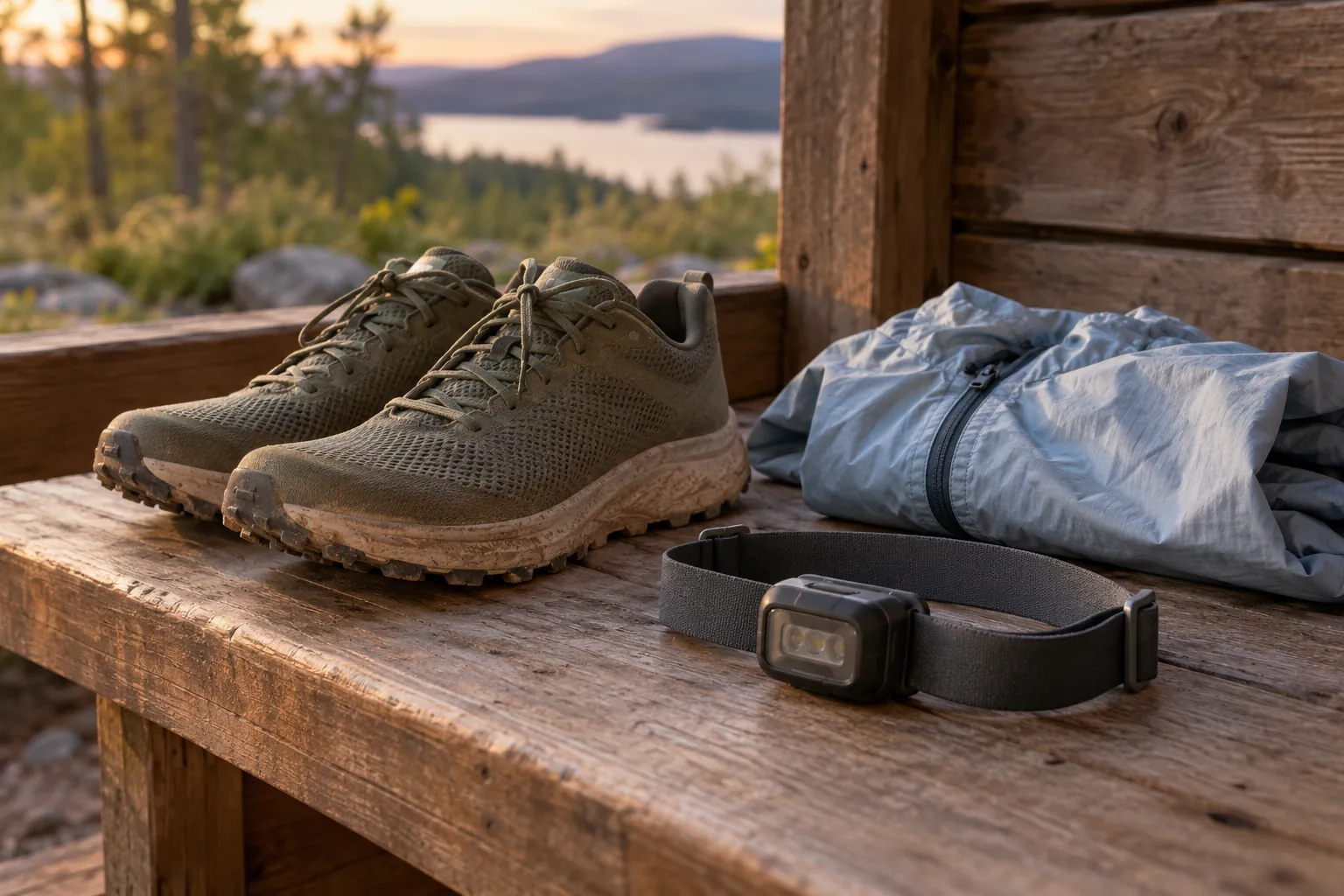 Illustration: An unlit headlamp, trail shoes and a folded running shell.