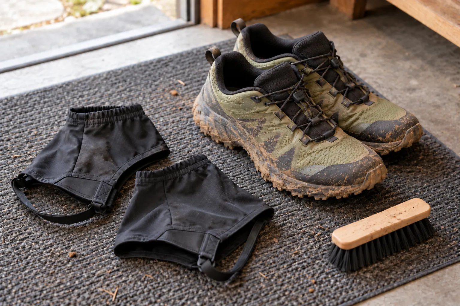 Illustration: Trail-running gaiters, lugged shoes and a cleaning brush.