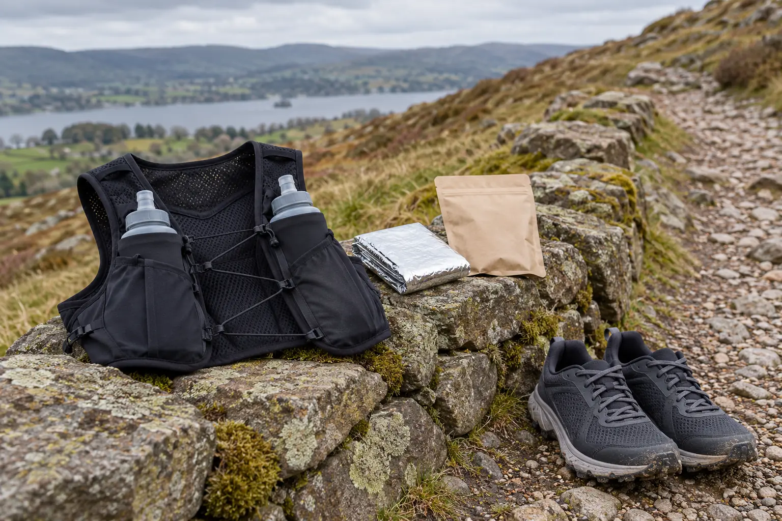 Illustration: A running vest, soft flasks and folded layer beside a trail.